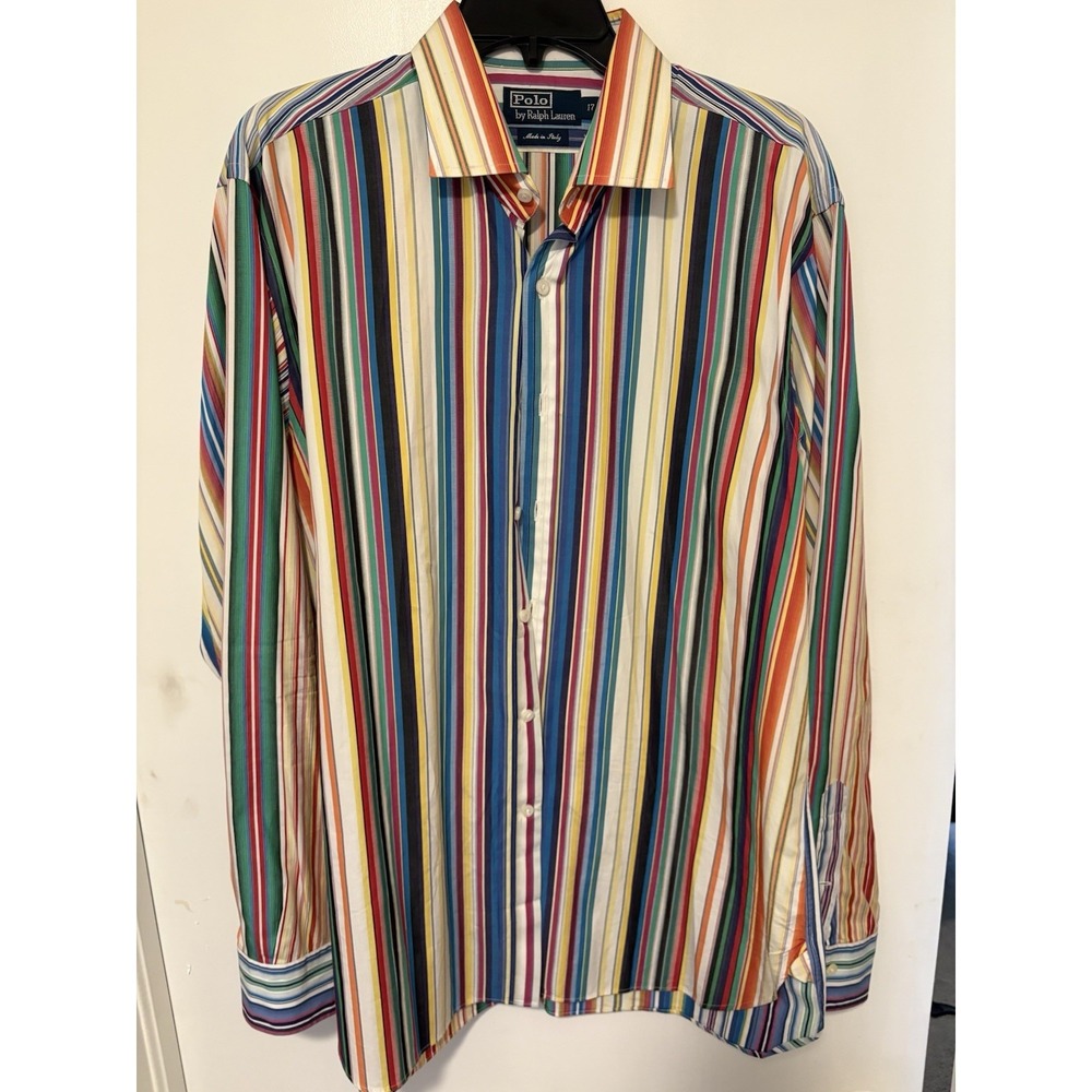 Ralph Lauren Dress Shirt Mens 17 Striped Button Up Made Italy